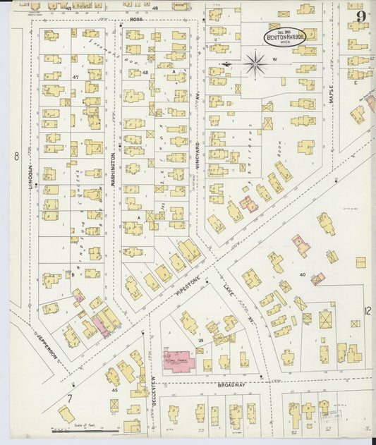 Sanborn Fire Insurance Map from Benton Harbor, Berrien County, Michigan (1905), Sheet #0009 - Historic Sanborn Fire Insurance Map Print, vintage old map wall art, antique decor, genealogy gift, Michigan Michigan map