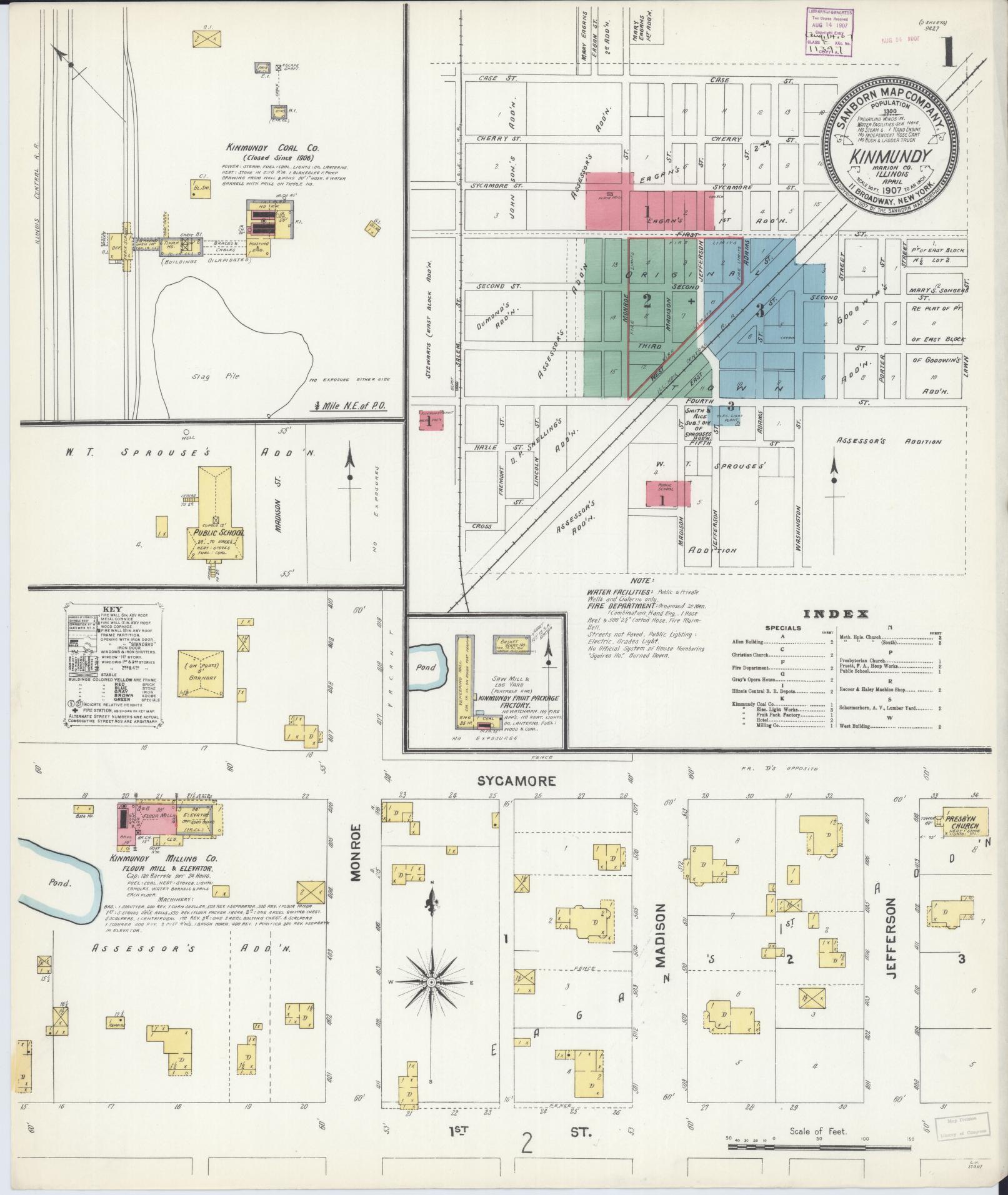 Sanborn Fire Insurance Map from Kinmundy, Marion County, Illinois (1907), Sheet #0001 - Complete Map Set gallery image, historic Sanborn map, vintage wall art, Illinois Illinois