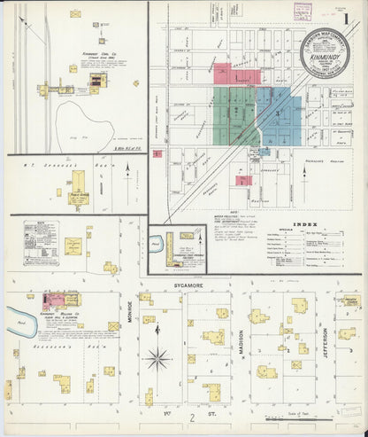 Sanborn Fire Insurance Map from Kinmundy, Marion County, Illinois (1907), Sheet #0001 - Complete Map Set gallery image, historic Sanborn map, vintage wall art, Illinois Illinois