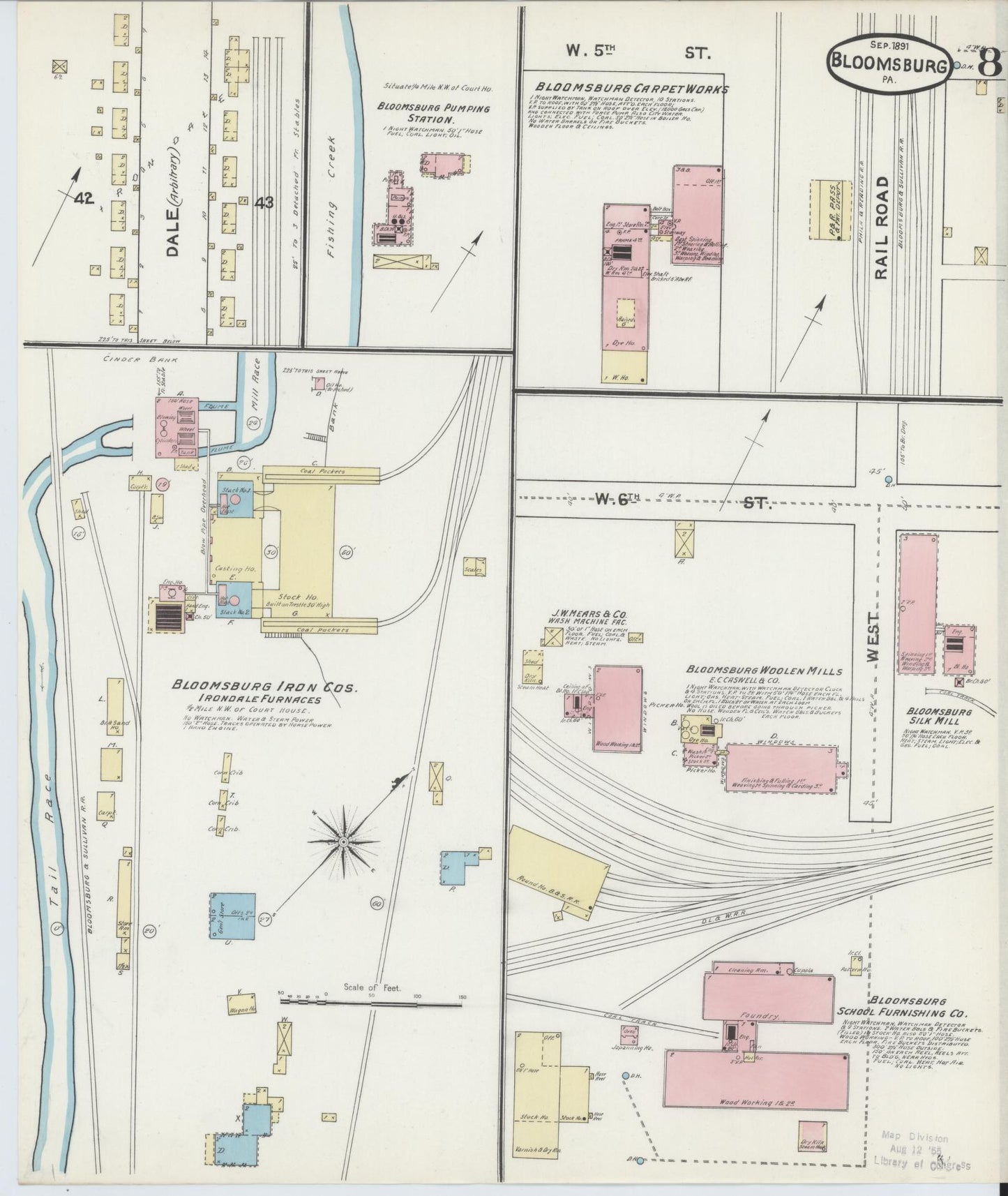 Sanborn Fire Insurance Map from Bloomsburg, Columbia County, Pennsylvania (1891), Sheet #0008 - Historic Sanborn Fire Insurance Map Print, vintage old map wall art, antique decor, genealogy gift, Pennsylvania Pennsylvania map