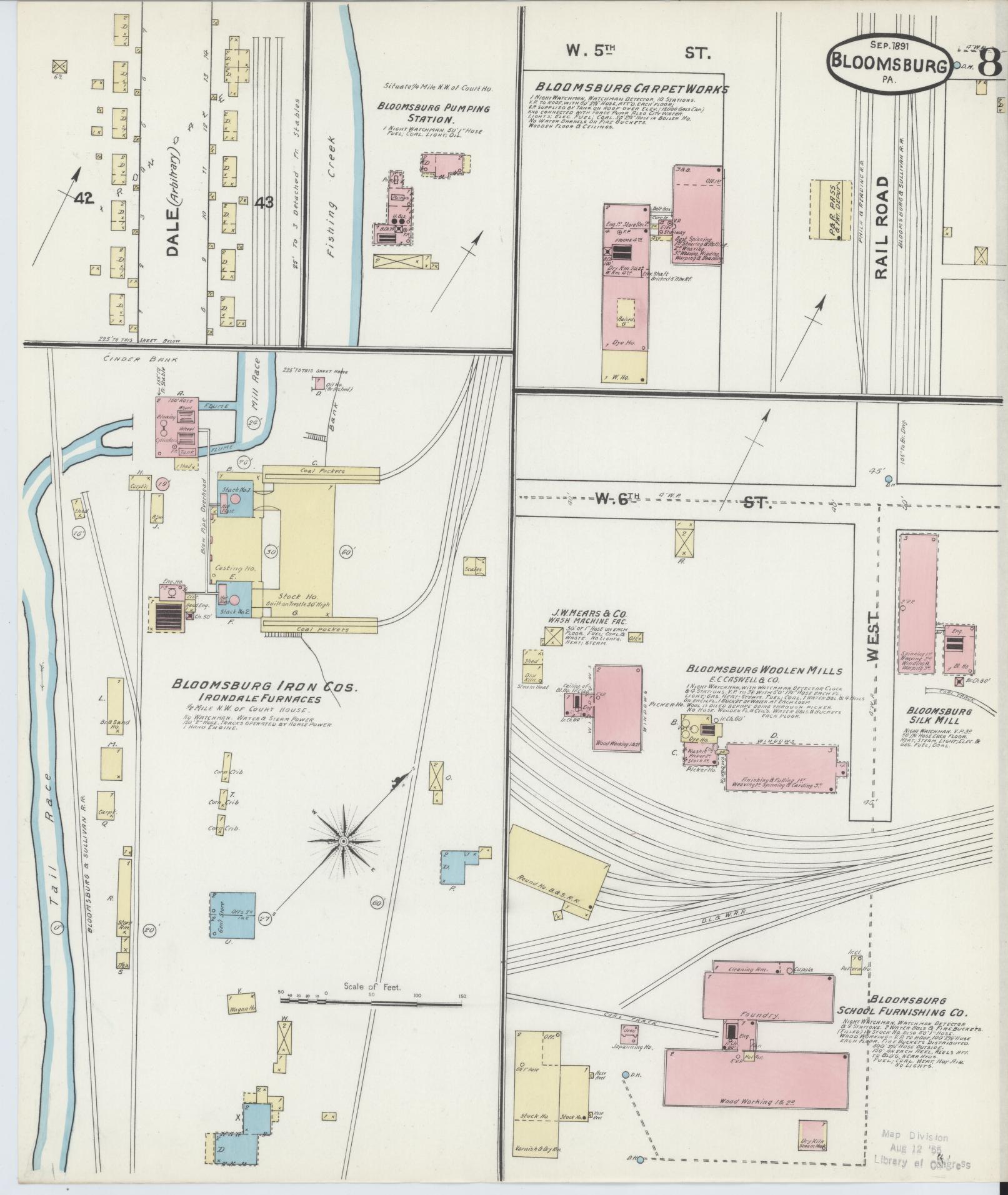 Sanborn Fire Insurance Map from Bloomsburg, Columbia County, Pennsylvania (1891), Sheet #0008 - Historic Sanborn Fire Insurance Map Print, vintage old map wall art, antique decor, genealogy gift, Pennsylvania Pennsylvania map