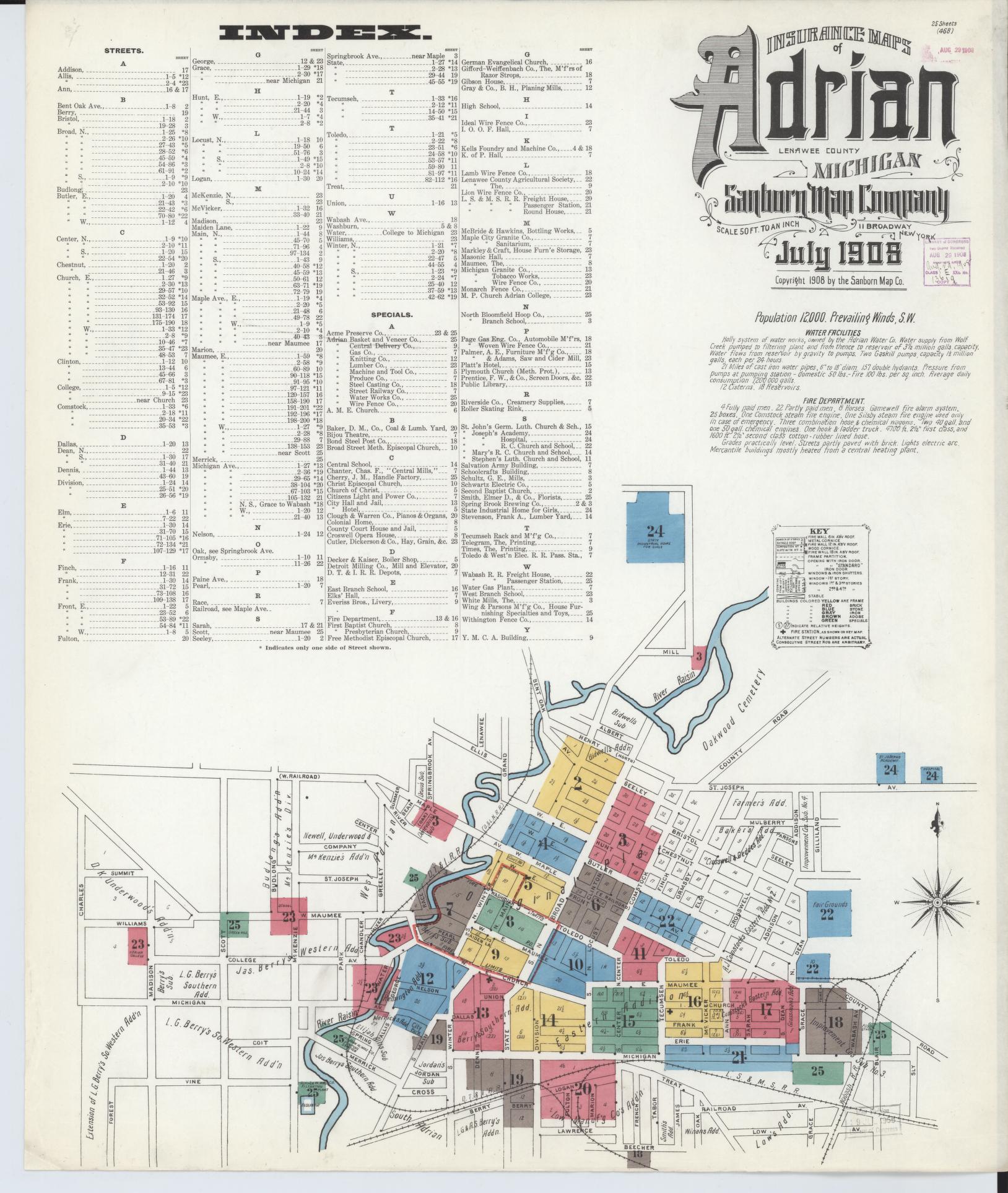 Sanborn Fire Insurance Map from Adrian, Lenawee County, Michigan (1908), Sheet #0001 - Historic Sanborn Fire Insurance Map Print, vintage old map wall art, antique decor, genealogy gift, Michigan Michigan map