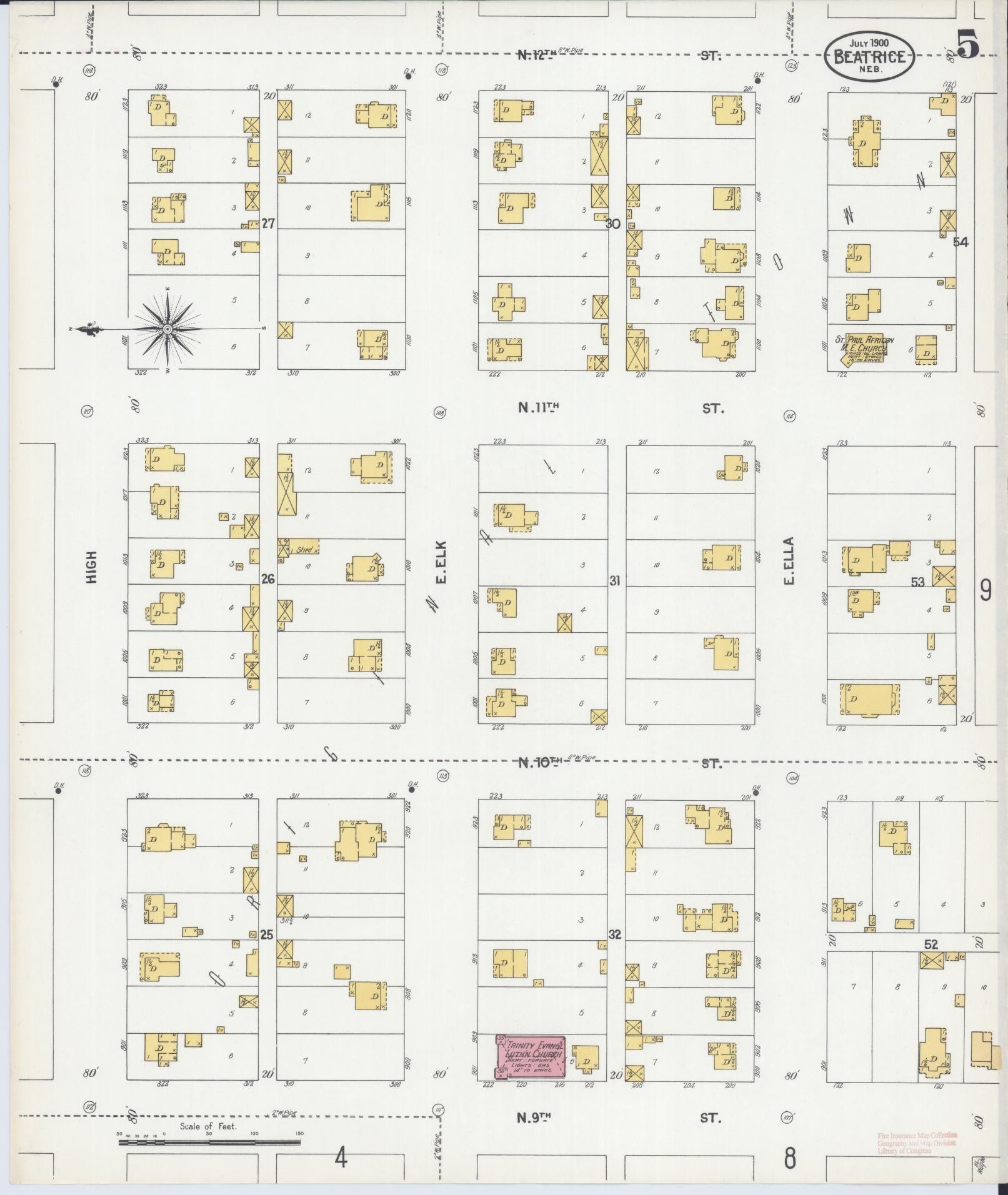 Sanborn Fire Insurance Map from Beatrice, Gage County, Nebraska (1900), Sheet #0005 - Historic Sanborn Fire Insurance Map Print, vintage old map wall art, antique decor, genealogy gift, Nebraska Nebraska map