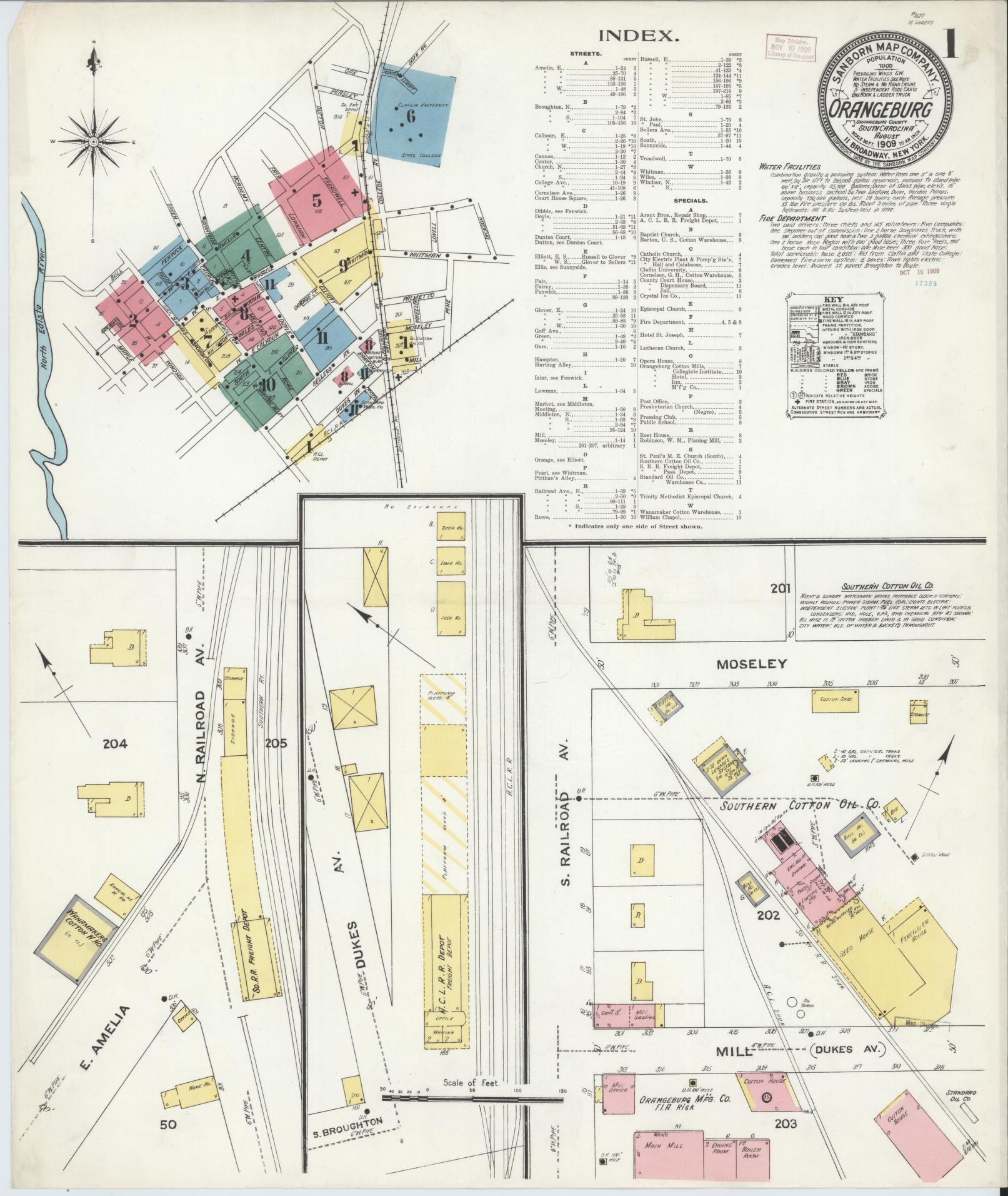 Sanborn Fire Insurance Map from Orangeburg, Orangeburg County, South Carolina (1909), Sheet #0001 - Complete Map Set gallery image, historic Sanborn map, vintage wall art, South Carolina South Carolina
