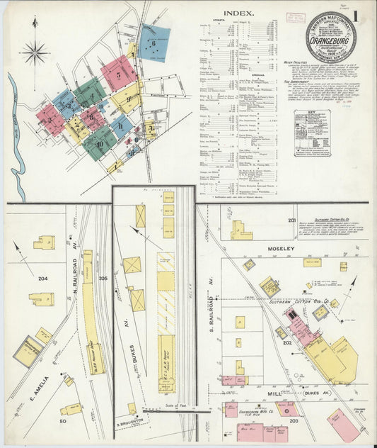 Sanborn Fire Insurance Map from Orangeburg, Orangeburg County, South Carolina (1909), Sheet #0001 - Complete Map Set gallery image, historic Sanborn map, vintage wall art, South Carolina South Carolina