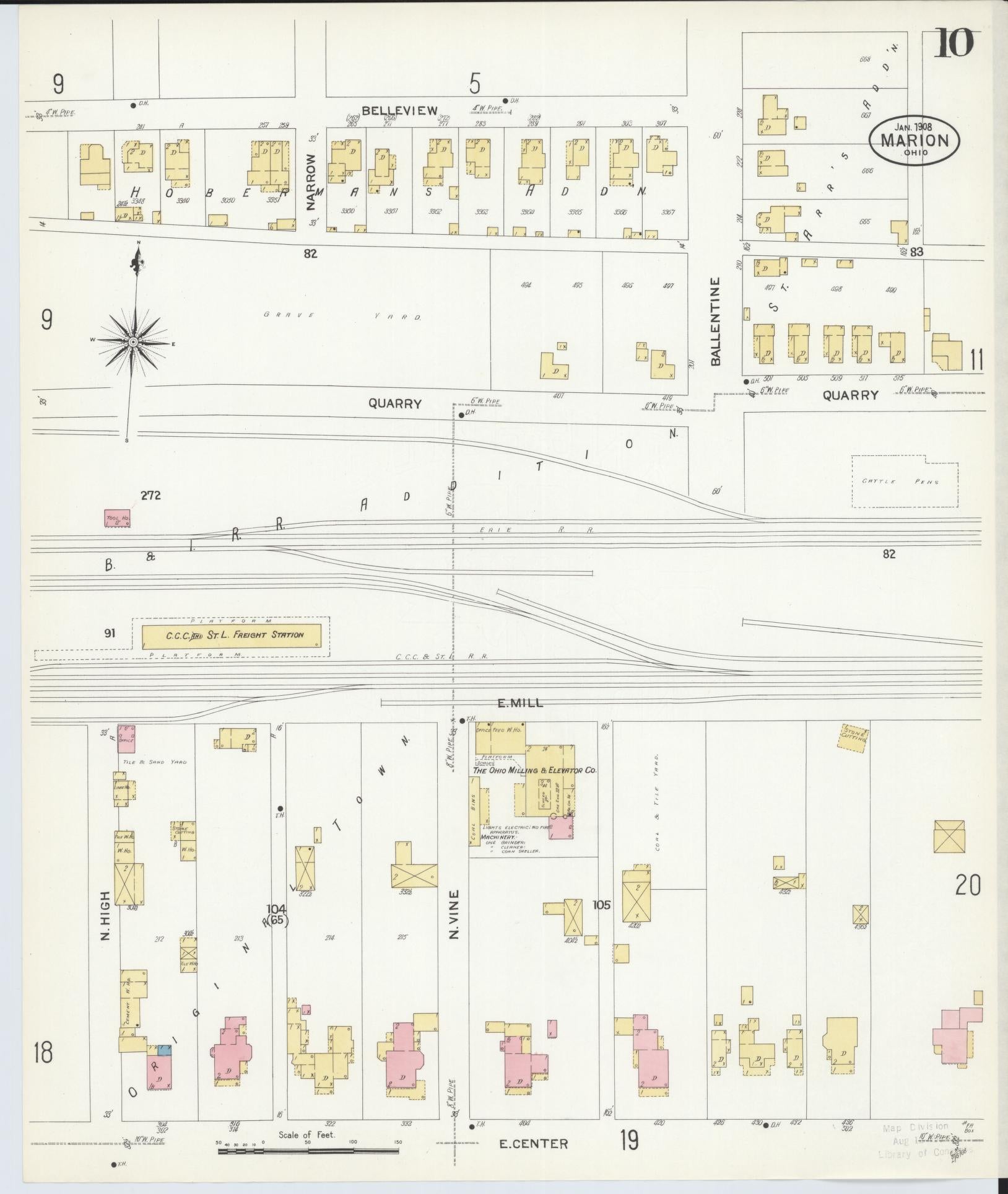Sanborn Fire Insurance Map from Marion, Marion County, Ohio (1908), Sheet #0010 - Historic Sanborn Fire Insurance Map Print, vintage old map wall art, antique decor, genealogy gift, Ohio Ohio map