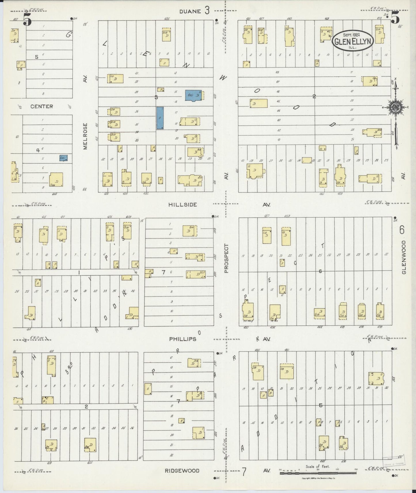 Sanborn Fire Insurance Map from Glen Ellyn, Du Page County, Illinois (1924), Sheet #0005 - Historic Sanborn Fire Insurance Map Print, vintage old map wall art, antique decor, genealogy gift, Illinois Illinois map