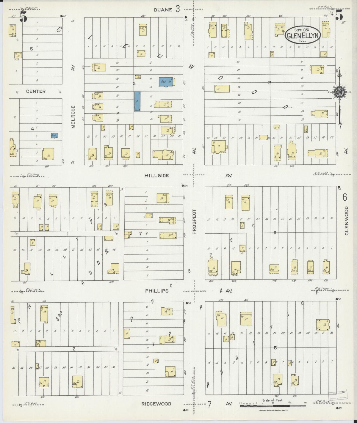 Sanborn Fire Insurance Map from Glen Ellyn, Du Page County, Illinois (1924), Sheet #0005 - Historic Sanborn Fire Insurance Map Print, vintage old map wall art, antique decor, genealogy gift, Illinois Illinois map