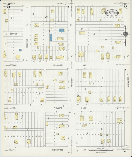 Sanborn Fire Insurance Map from Glen Ellyn, Du Page County, Illinois (1924), Sheet #0005 - Historic Sanborn Fire Insurance Map Print, vintage old map wall art, antique decor, genealogy gift, Illinois Illinois map