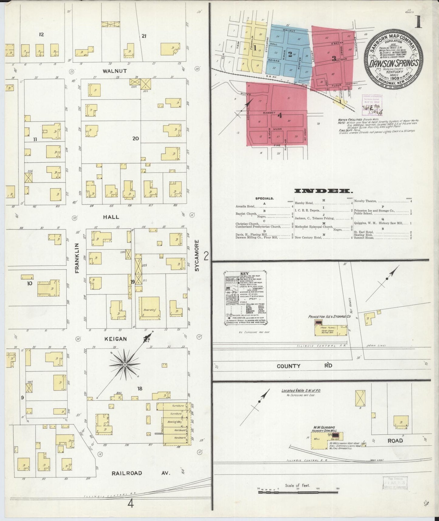 Sanborn Fire Insurance Map from Dawson Springs, Hopkins County, Kentucky (1909), Sheet #0001 - Complete Map Set gallery image, historic Sanborn map, vintage wall art, Kentucky Kentucky