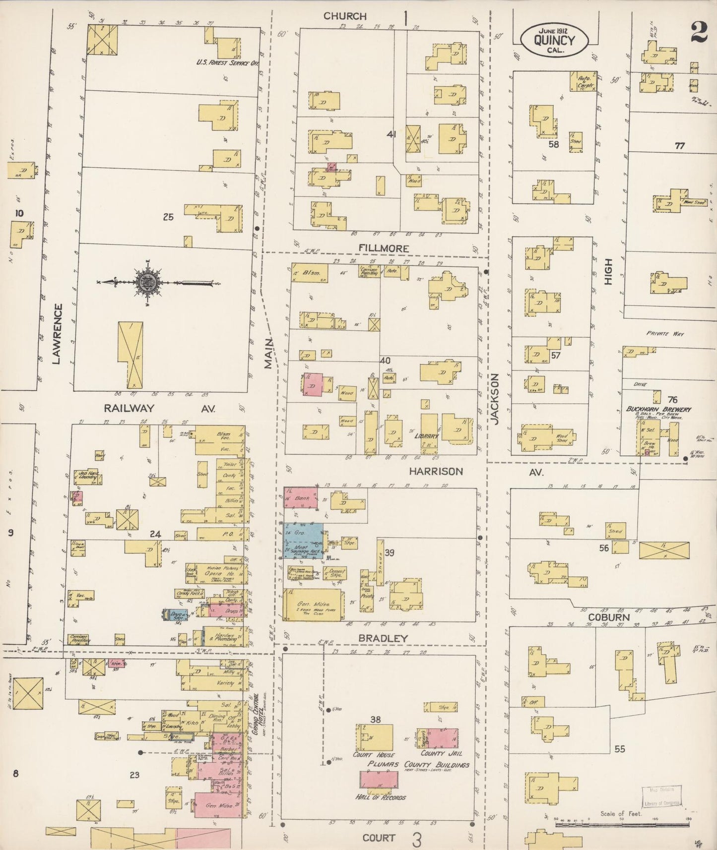 Sanborn Fire Insurance Map from Quincy, Plumas County, California (1912), Sheet #0002 - Complete Map Set gallery image, historic Sanborn map, vintage wall art, California California