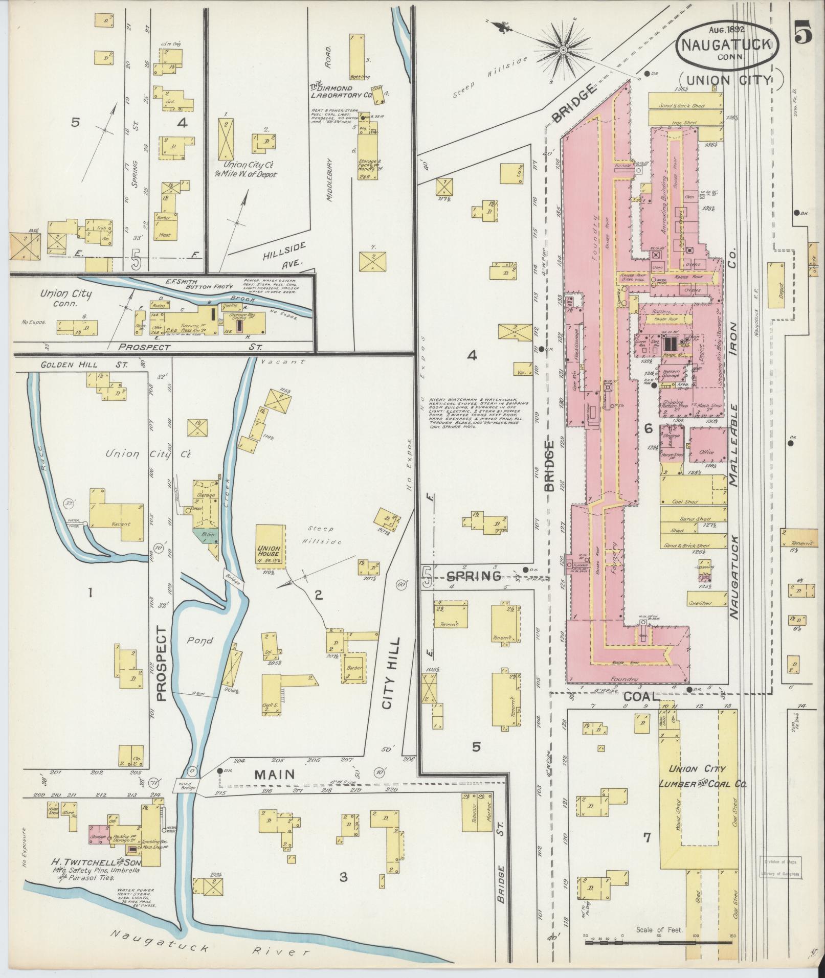 Sanborn Fire Insurance Map from Naugatuck, New Haven County, Connecticut (1892), Sheet #0005 - Complete Map Set gallery image, historic Sanborn map, vintage wall art, Connecticut Connecticut