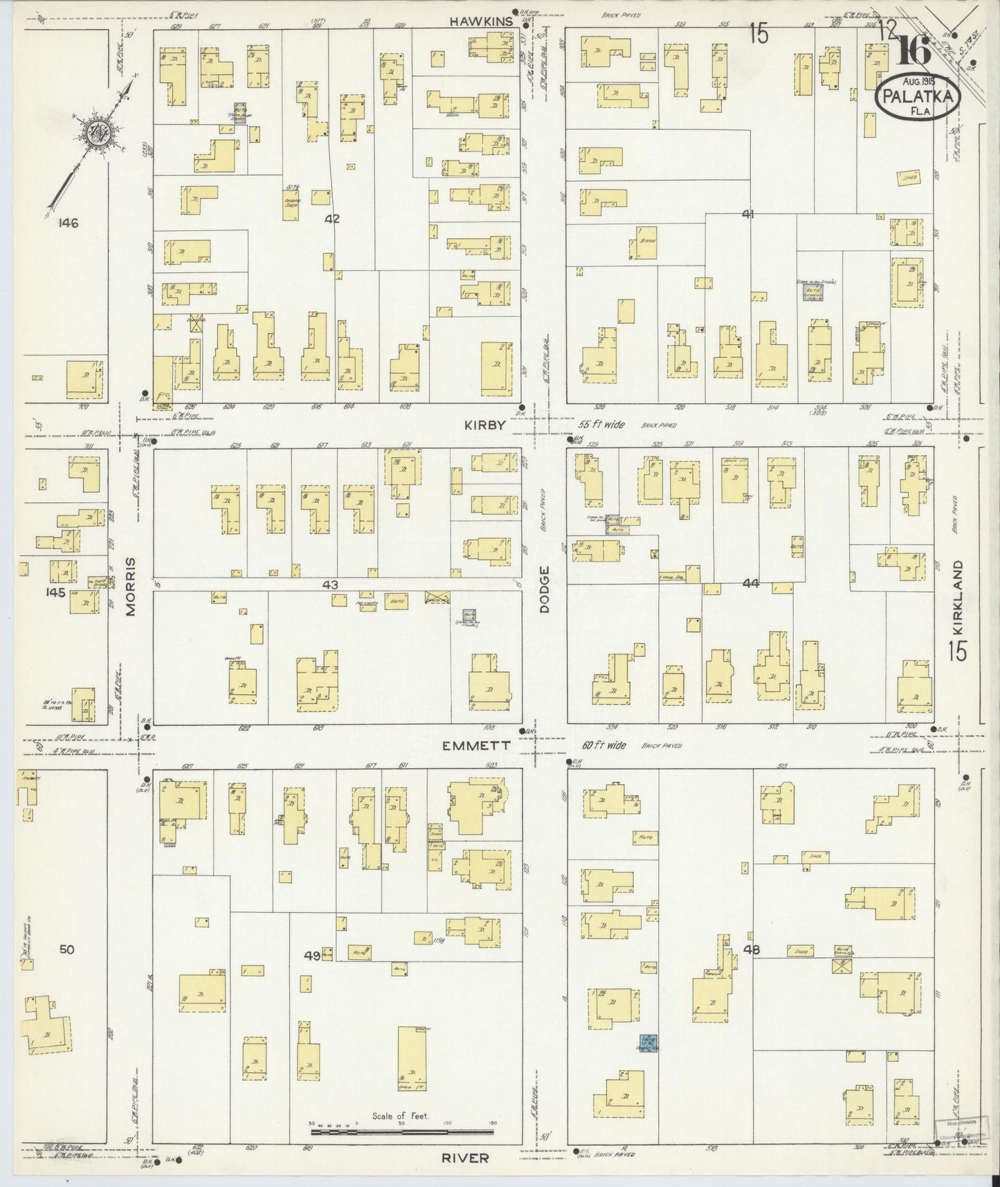 Sanborn Fire Insurance Map from Palatka, Putnam County, Florida (1915), Sheet #0016 - Historic Sanborn Fire Insurance Map Print, vintage old map wall art, antique decor, genealogy gift, Florida Florida map