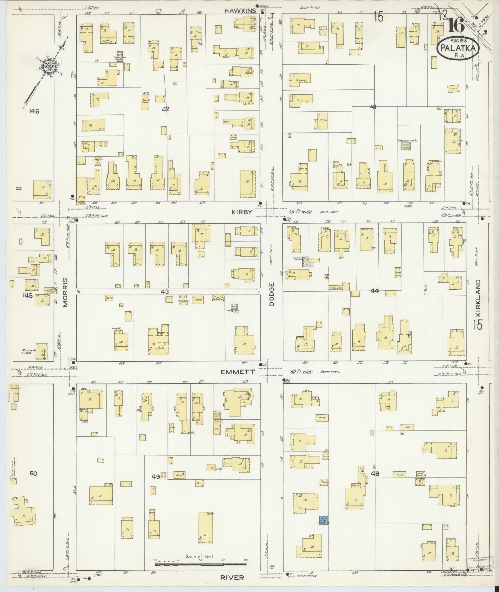 Sanborn Fire Insurance Map from Palatka, Putnam County, Florida (1915), Sheet #0016 - Historic Sanborn Fire Insurance Map Print, vintage old map wall art, antique decor, genealogy gift, Florida Florida map