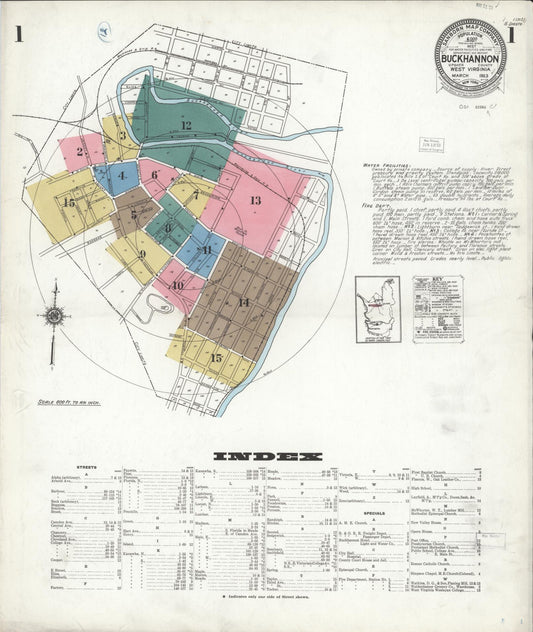 Sanborn Fire Insurance Map from Buckhannon, Upshur County, West Virginia (1923), Sheet #0001 - Historic Sanborn Fire Insurance Map Print, vintage old map wall art, antique decor, genealogy gift, West Virginia West Virginia map