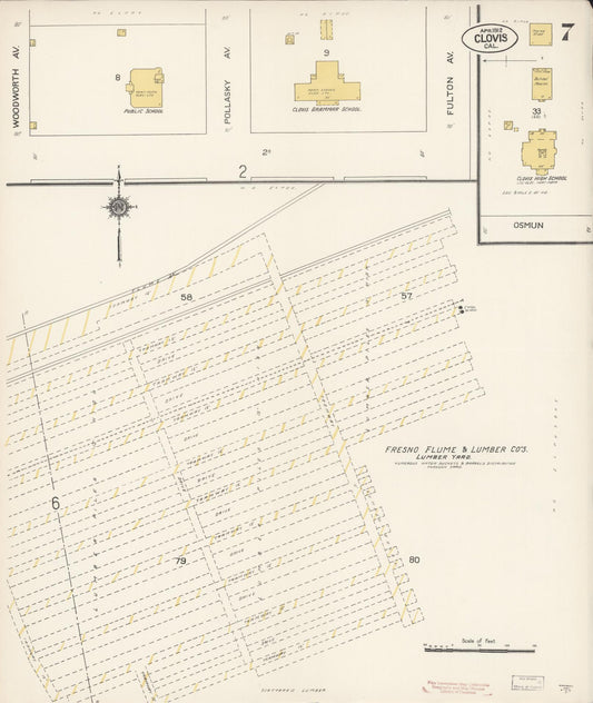 Sanborn Fire Insurance Map from Clovis, Fresno County, California (1912), Sheet #0007 - Historic Sanborn Fire Insurance Map Print, vintage old map wall art, antique decor, genealogy gift, California California map