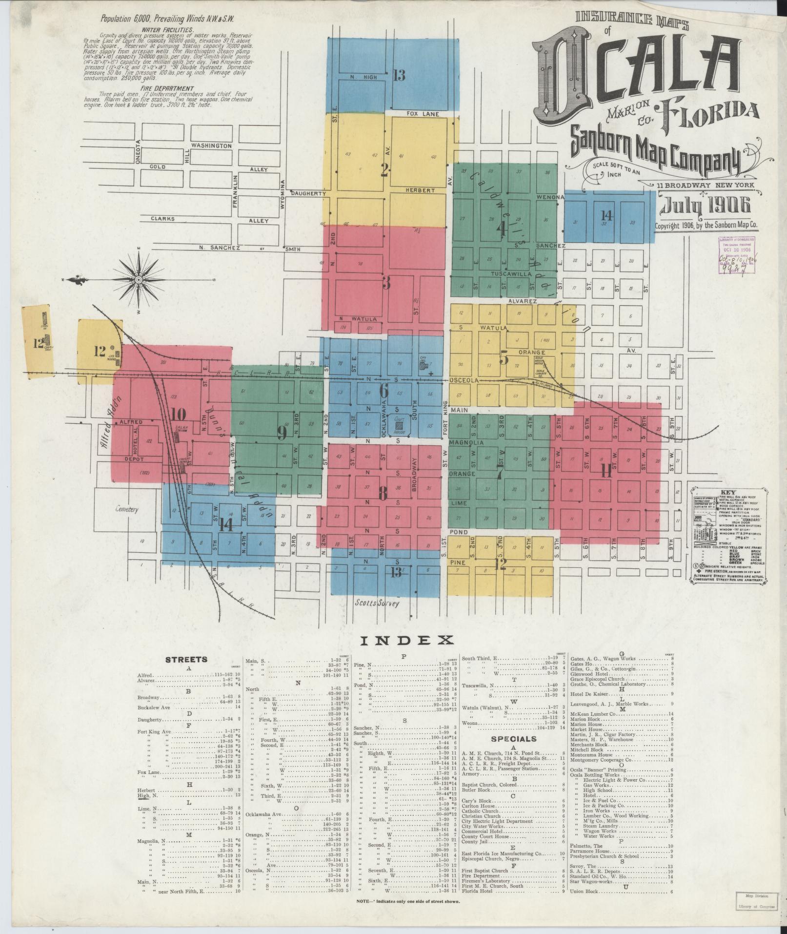 Sanborn Fire Insurance Map from Ocala, Marion County, Florida (1906), Sheet #0001 - Historic Sanborn Fire Insurance Map Print, vintage old map wall art, antique decor, genealogy gift, Florida Florida map