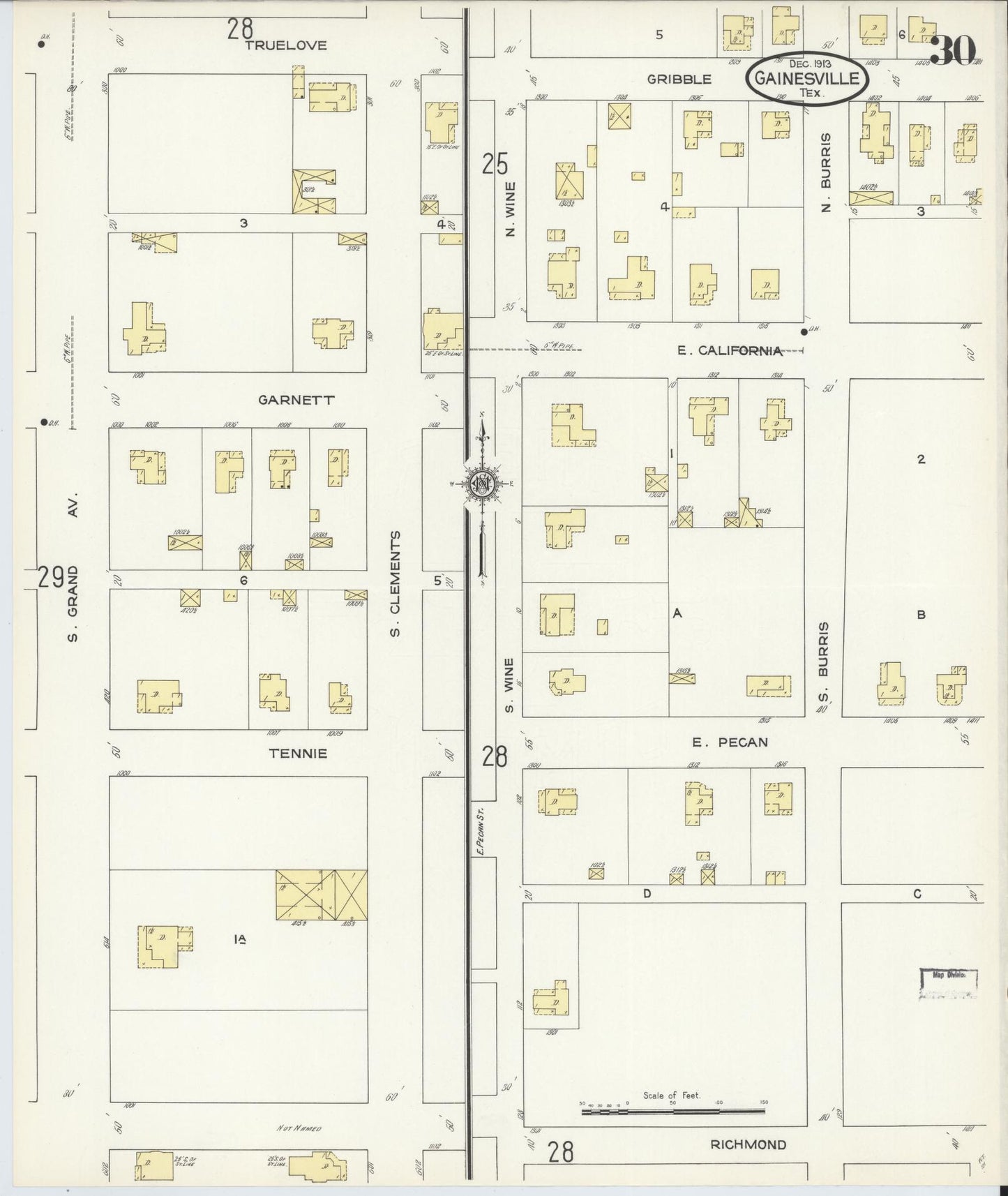 Sanborn Fire Insurance Map from Gainesville, Cooke County, Texas (1913), Sheet #0030 - Complete Map Set gallery image, historic Sanborn map, vintage wall art, Texas Texas