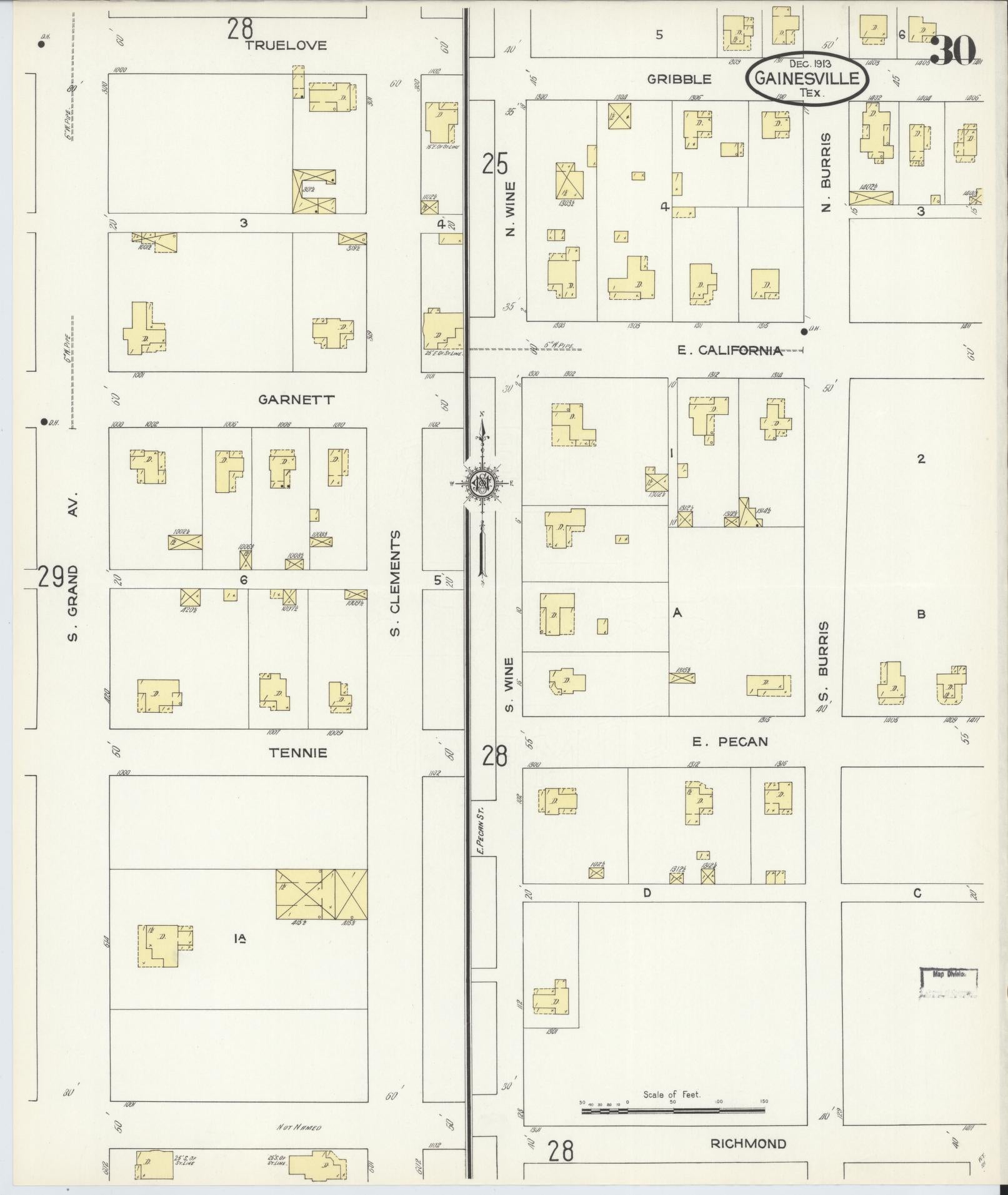 Sanborn Fire Insurance Map from Gainesville, Cooke County, Texas (1913), Sheet #0030 - Complete Map Set gallery image, historic Sanborn map, vintage wall art, Texas Texas