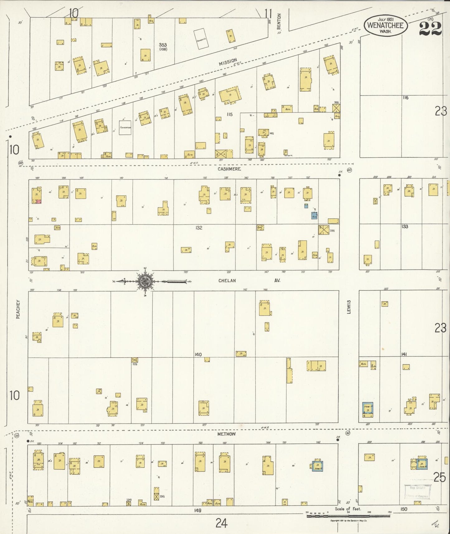 Sanborn Fire Insurance Map from Wenatchee, Chelan County, Washington (1921), Sheet #0022 - Complete Map Set gallery image, historic Sanborn map, vintage wall art, Washington Washington