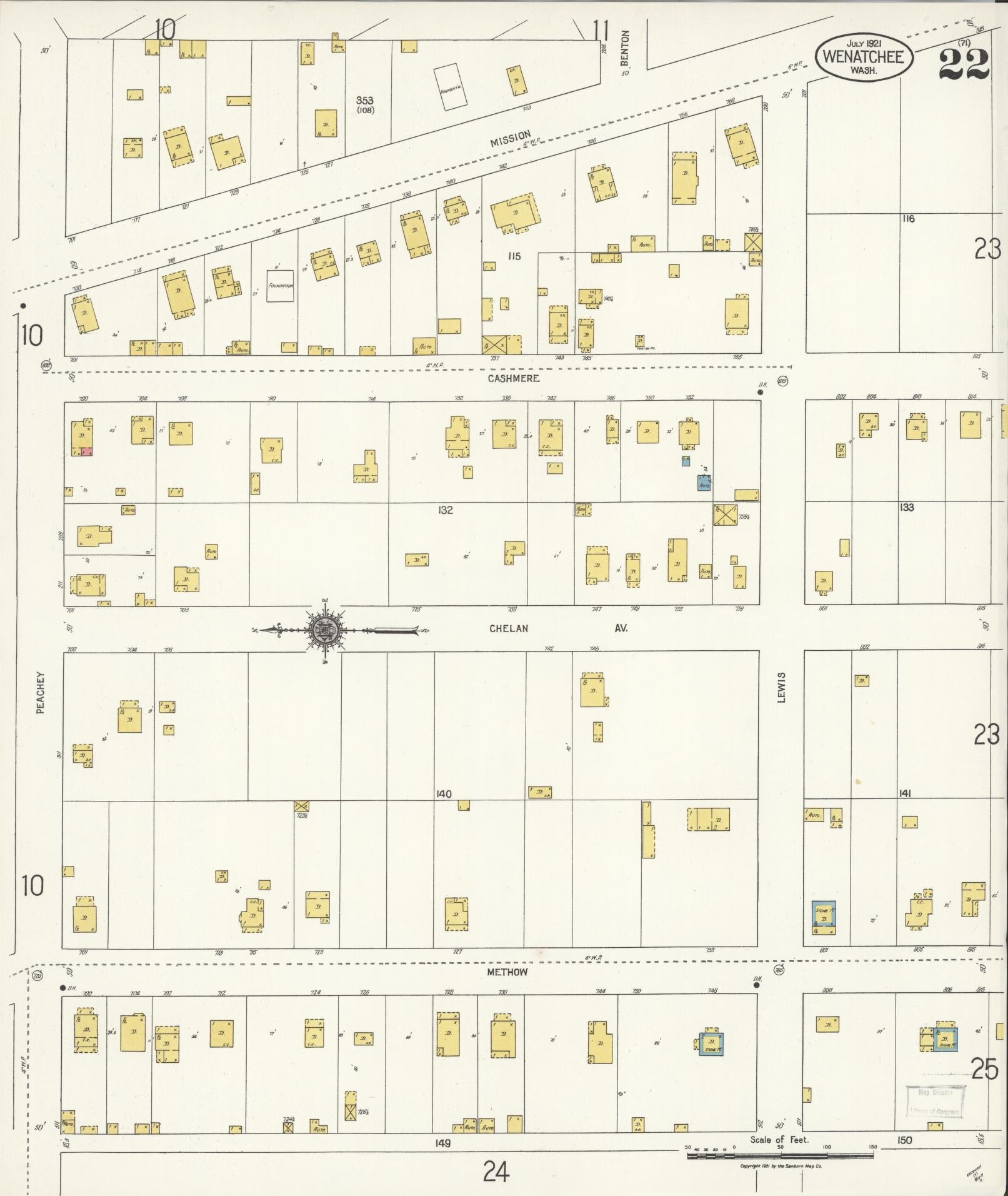 Sanborn Fire Insurance Map from Wenatchee, Chelan County, Washington (1921), Sheet #0022 - Complete Map Set gallery image, historic Sanborn map, vintage wall art, Washington Washington
