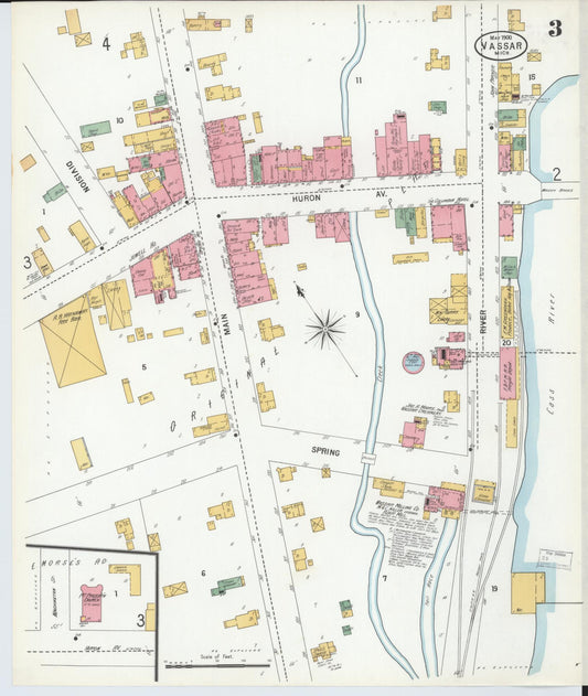 Sanborn Fire Insurance Map from Vassar, Tuscola County, Michigan (1900), Sheet #0003 - Historic Sanborn Fire Insurance Map Print, vintage old map wall art, antique decor, genealogy gift, Michigan Michigan map