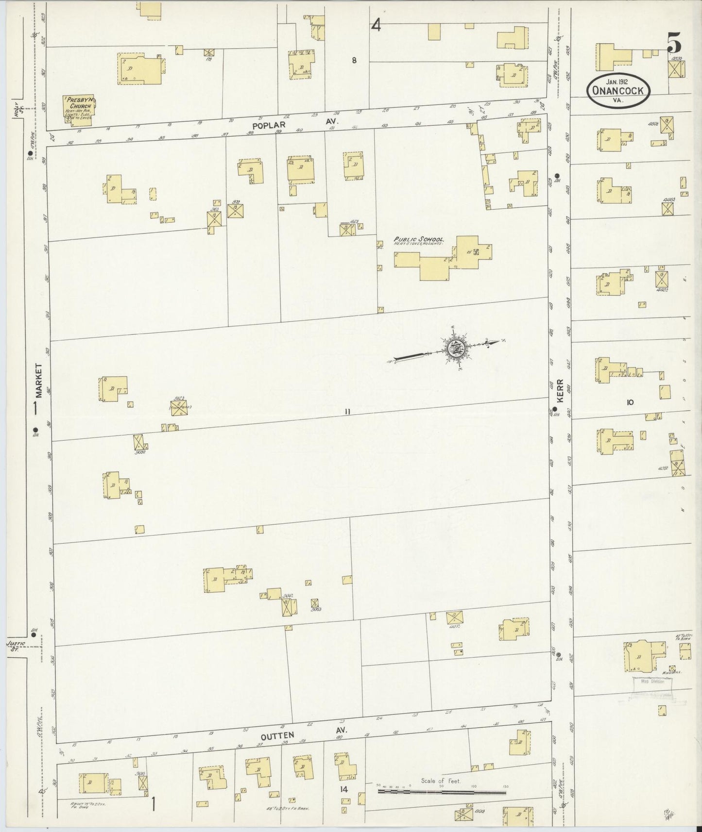 Sanborn Fire Insurance Map from Onancock, Accomack County, Virginia (1912), Sheet #0005 - Historic Sanborn Fire Insurance Map Print, vintage old map wall art, antique decor, genealogy gift, Virginia Virginia map