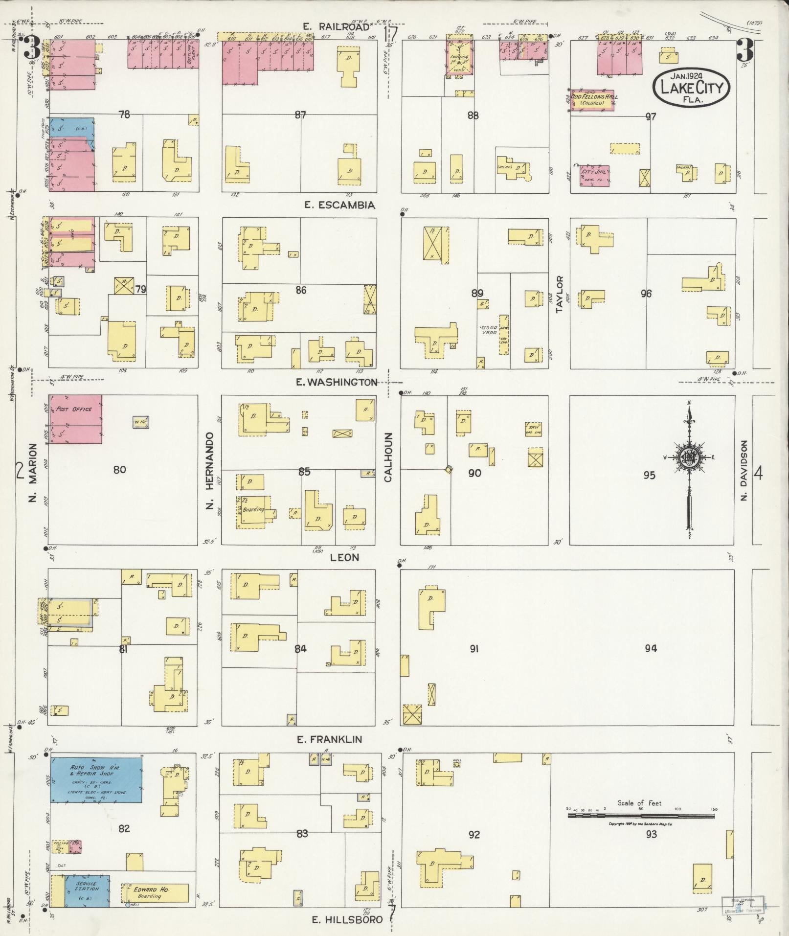 Sanborn Fire Insurance Map from Lake City, Columbia County, Florida (1924), Sheet #0003 - Historic Sanborn Fire Insurance Map Print, vintage old map wall art, antique decor, genealogy gift, Florida Florida map