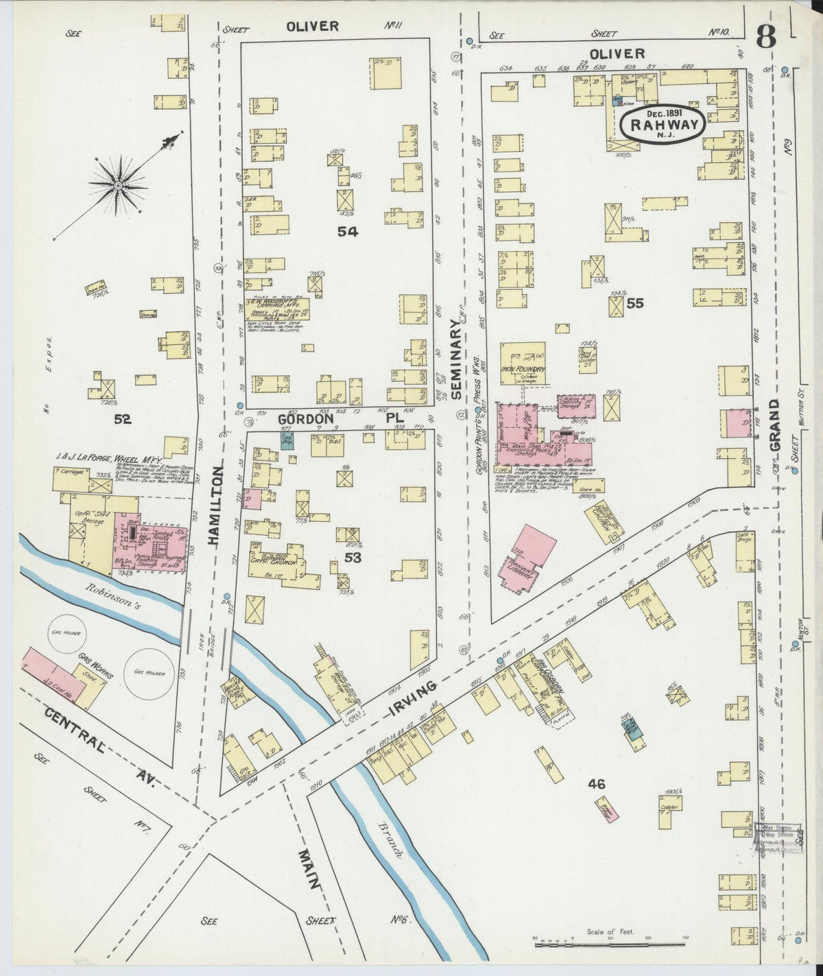Sanborn Fire Insurance Map from Rahway, Union County, New Jersey (1891), Sheet #0008 - Complete Map Set gallery image, historic Sanborn map, vintage wall art, New Jersey New Jersey