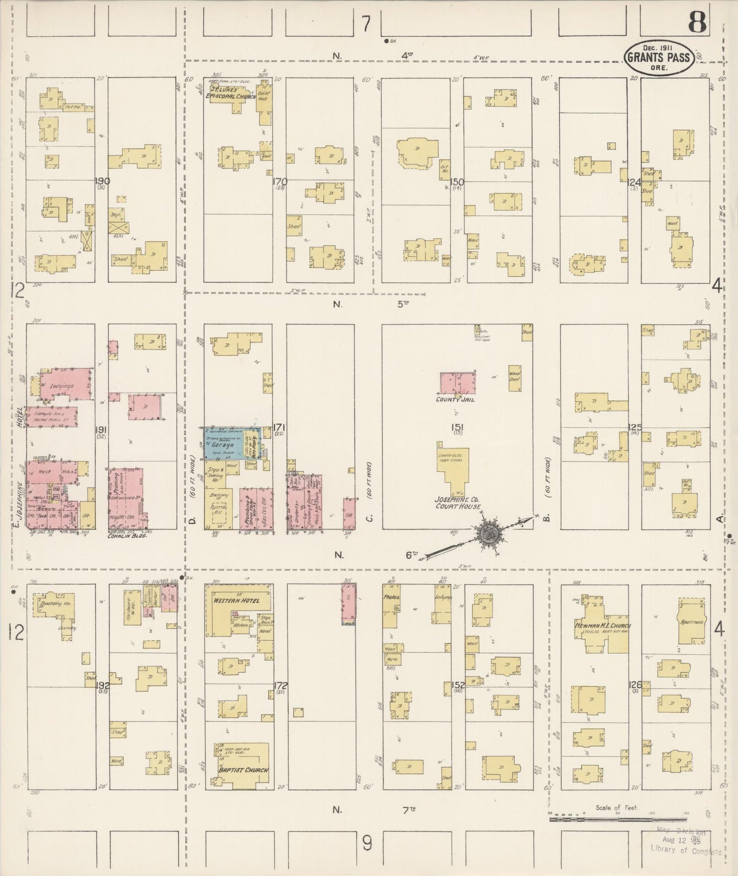 Sanborn Fire Insurance Map from Grants Pass, Josephine County, Oregon (1911), Sheet #0008 - Historic Sanborn Fire Insurance Map Print, vintage old map wall art, antique decor, genealogy gift, Oregon Oregon map