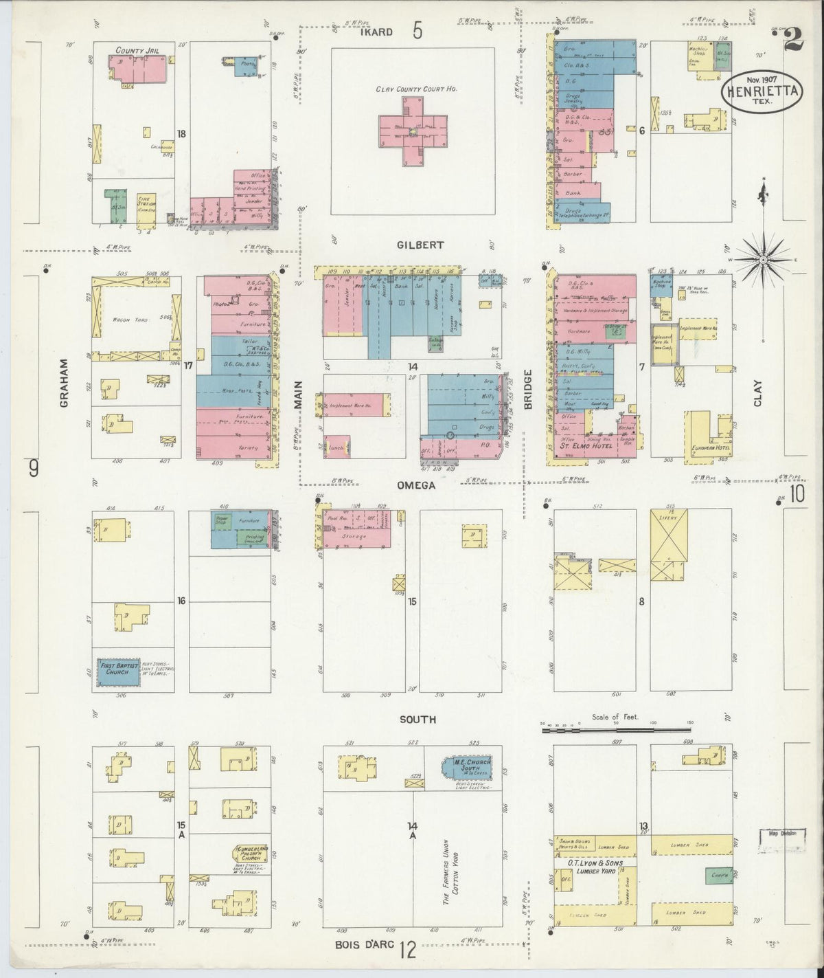 Sanborn Fire Insurance Map from Henrietta, Clay County, Texas (1907), Sheet #0002 - Historic Sanborn Fire Insurance Map Print, vintage old map wall art, antique decor, genealogy gift, Texas Texas map