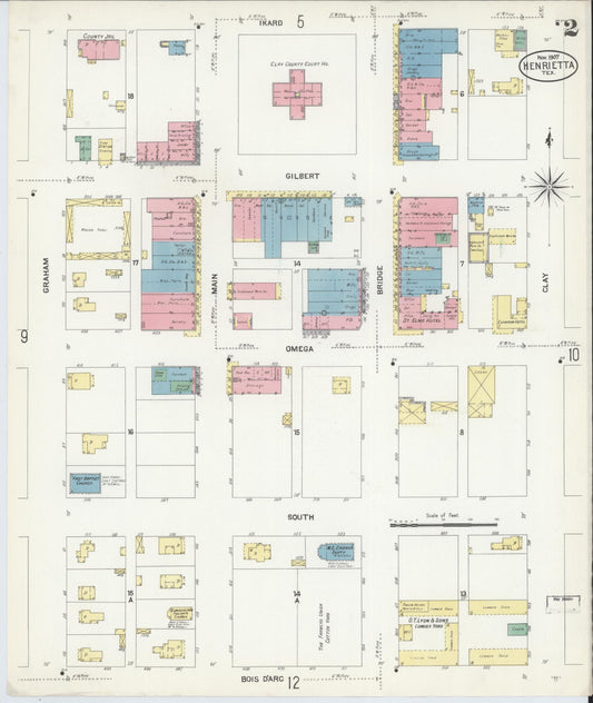 Sanborn Fire Insurance Map from Henrietta, Clay County, Texas (1907), Sheet #0002 - Historic Sanborn Fire Insurance Map Print, vintage old map wall art, antique decor, genealogy gift, Texas Texas map