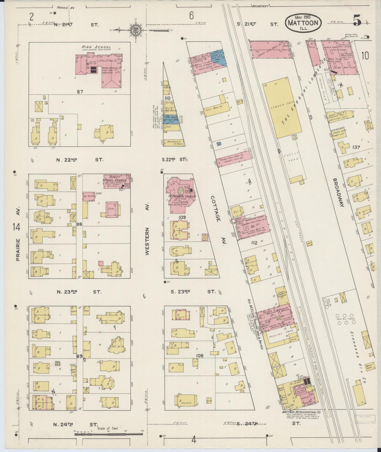 Sanborn Fire Insurance Map from Mattoon, Coles County, Illinois (1915), Sheet #0005 - Historic Sanborn Fire Insurance Map Print, vintage old map wall art, antique decor, genealogy gift, Illinois Illinois map