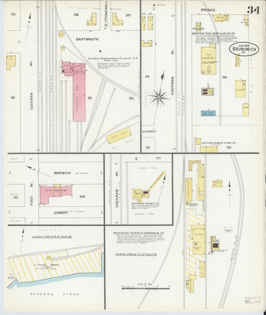 Sanborn Fire Insurance Map from Brunswick, Glynn County, Georgia (1908), Sheet #0034 - Historic Sanborn Fire Insurance Map Print, vintage old map wall art, antique decor, genealogy gift, Georgia Georgia map