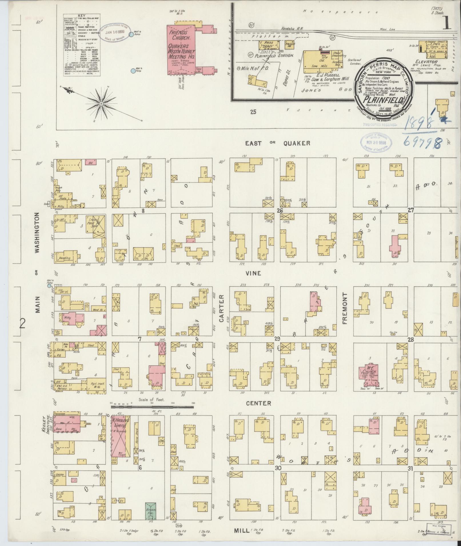 Sanborn Fire Insurance Map from Plainfield, Hendricks County, Indiana (1898), Sheet #0001 - Complete Map Set gallery image, historic Sanborn map, vintage wall art, Indiana Indiana