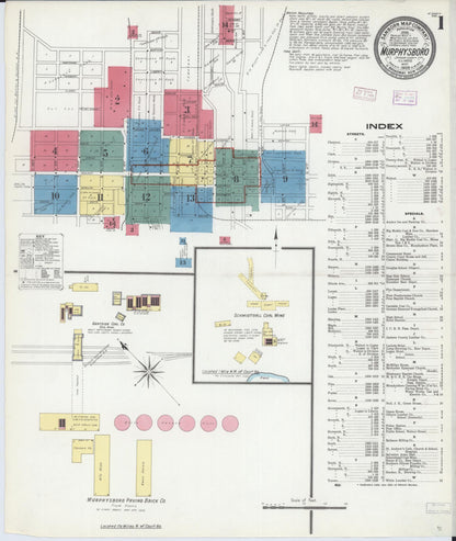 Sanborn Fire Insurance Map from Murphysboro, Jackson County, Illinois (1909), Sheet #0001 - Historic Sanborn Fire Insurance Map Print, vintage old map wall art, antique decor, genealogy gift, Illinois Illinois map