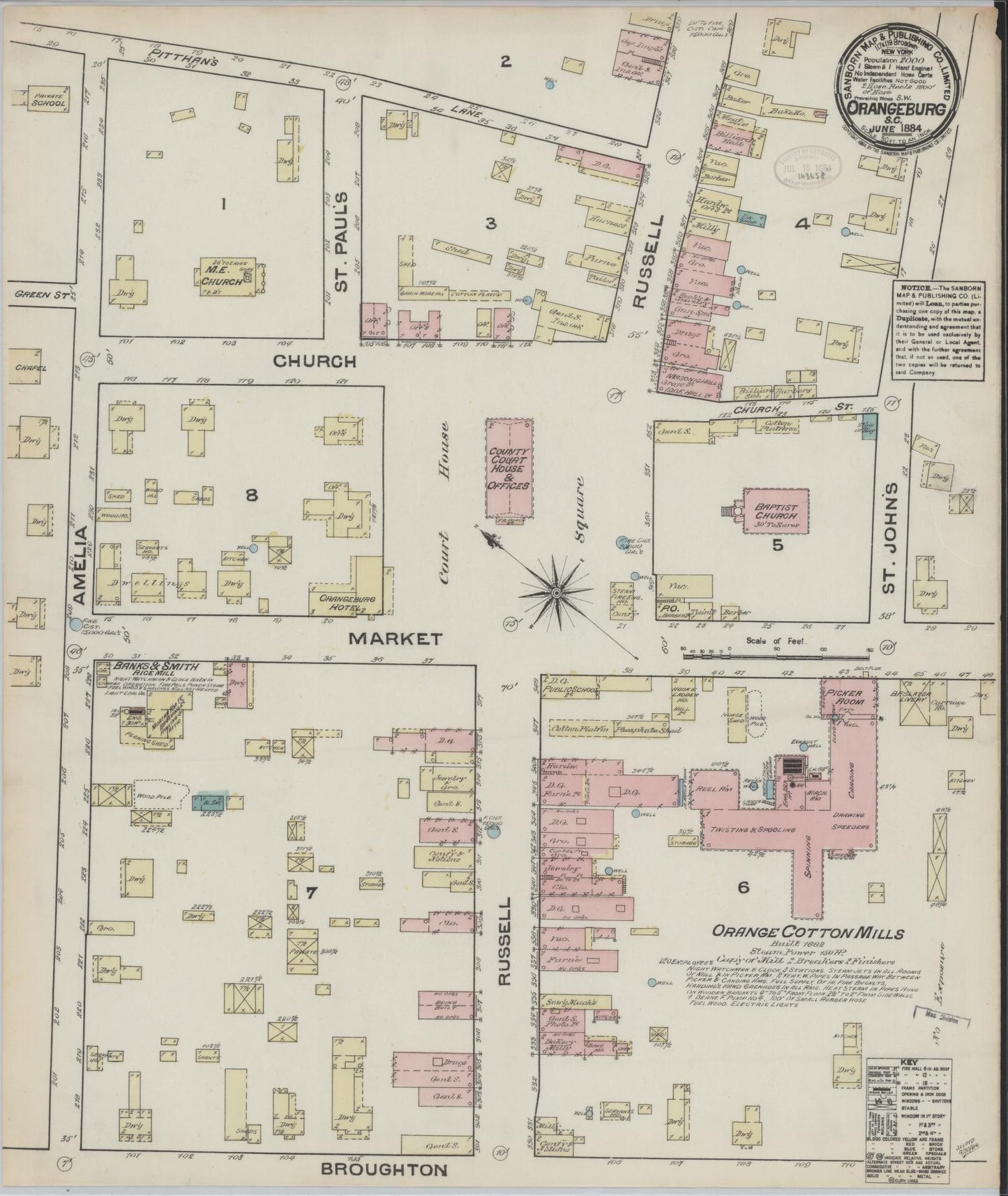 Sanborn Fire Insurance Map from Orangeburg, Orangeburg County, South Carolina (1884), Sheet #0001 - Historic Sanborn Fire Insurance Map Print, vintage old map wall art, antique decor, genealogy gift, South Carolina South Carolina map