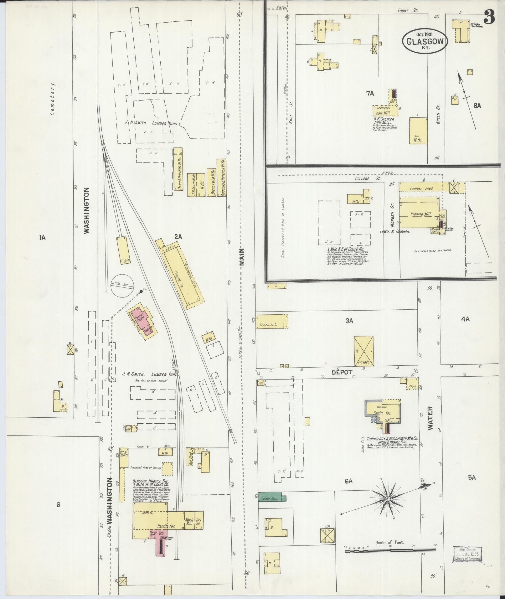 Sanborn Fire Insurance Map from Glasgow, Barren County, Kentucky (1901), Sheet #0003 - Historic Sanborn Fire Insurance Map Print, vintage old map wall art, antique decor, genealogy gift, Kentucky Kentucky map
