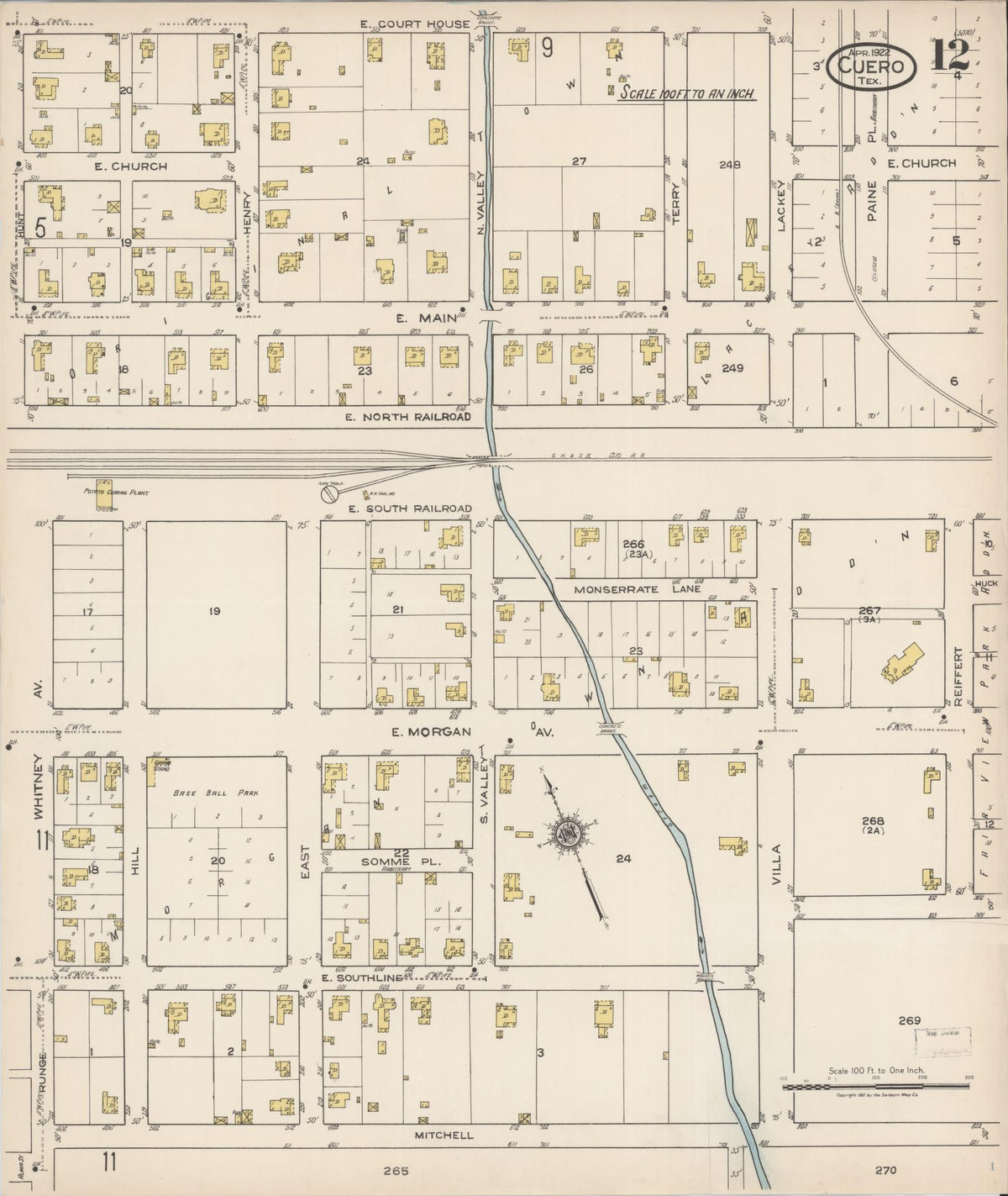 Sanborn Fire Insurance Map from Cuero, De Witt County, Texas (1922), Sheet #0012 - Complete Map Set gallery image, historic Sanborn map, vintage wall art, Texas Texas