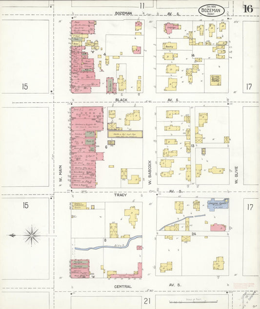 Sanborn Fire Insurance Map from Bozeman, Gallatin County, Montana (1904), Sheet #0016 - Historic Sanborn Fire Insurance Map Print, vintage old map wall art, antique decor, genealogy gift, Montana Montana map