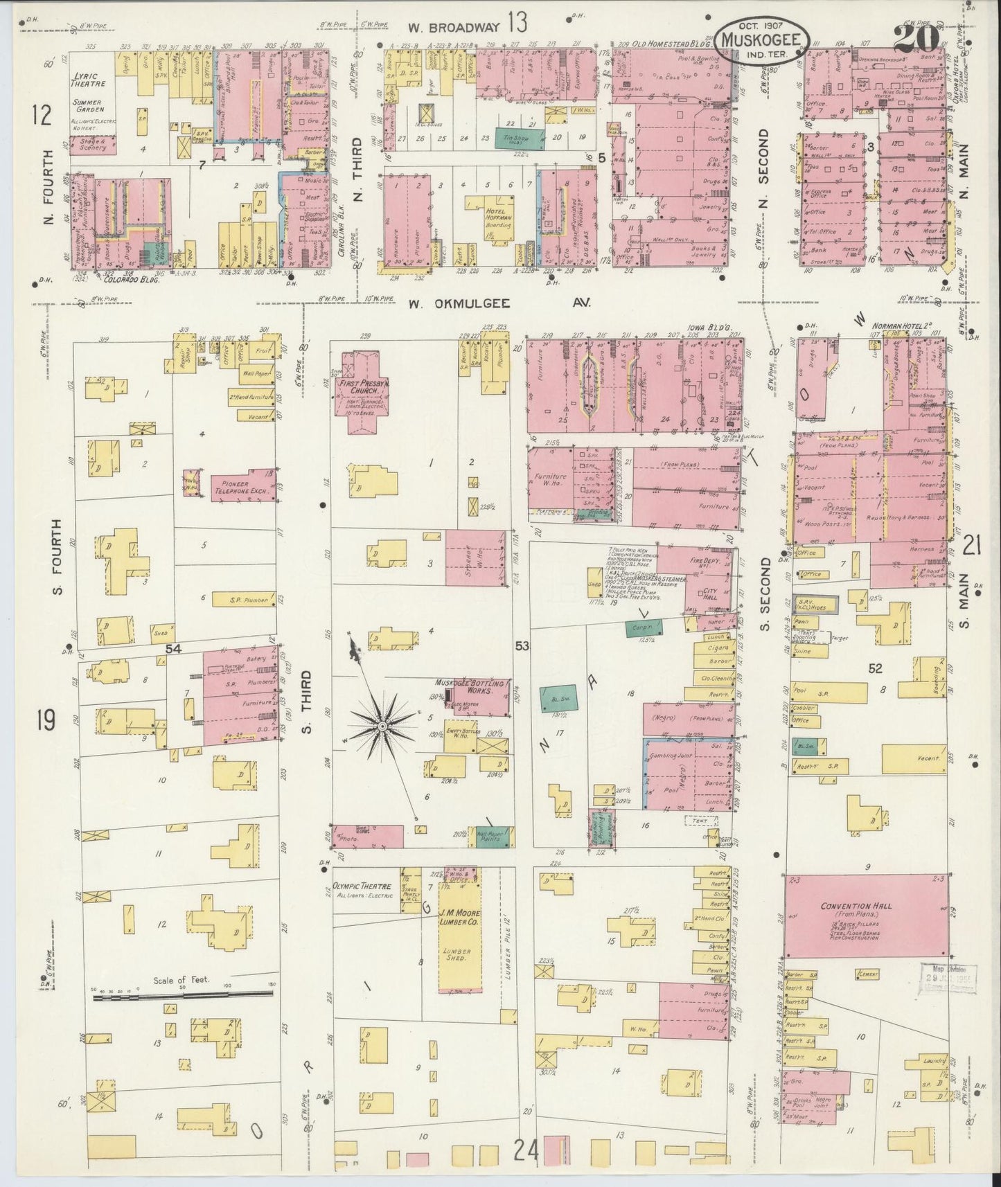 Sanborn Fire Insurance Map from Muskogee, Muskogee County, Oklahoma (1907), Sheet #0020 - Complete Map Set gallery image, historic Sanborn map, vintage wall art, Oklahoma Oklahoma