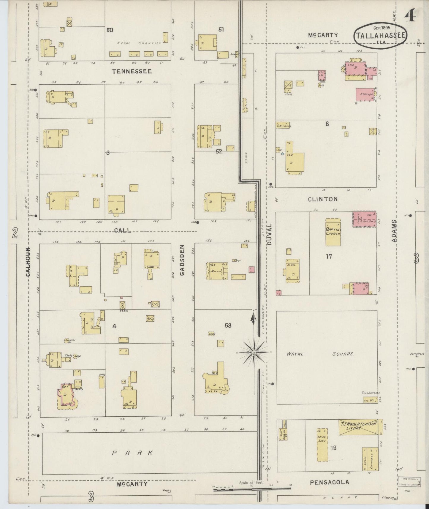 Sanborn Fire Insurance Map from Tallahassee, Leon County, Florida (1895), Sheet #0004 - Complete Map Set gallery image, historic Sanborn map, vintage wall art, Florida Florida