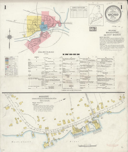 Sanborn Fire Insurance Map from Machias, Washington County, Maine (1938), Sheet #0001 - Complete Map Set gallery image, historic Sanborn map, vintage wall art, Maine Maine