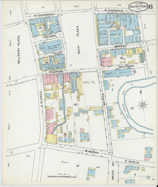 Sanborn Fire Insurance Map from San Antonio, Bexar County, Texas (1892), Sheet #0008 - Historic Sanborn Fire Insurance Map Print, vintage old map wall art, antique decor, genealogy gift, Texas Texas map