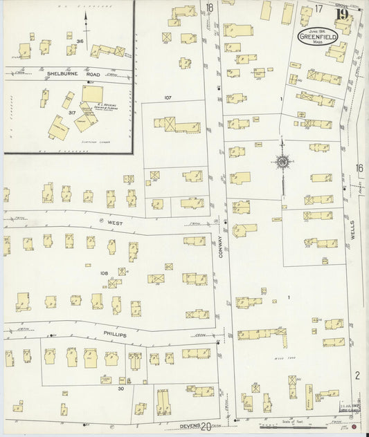Sanborn Fire Insurance Map from Greenfield, Franklin County, Massachusetts (1914), Sheet #0019 - Historic Sanborn Fire Insurance Map Print, vintage old map wall art, antique decor, genealogy gift, Massachusetts Massachusetts map