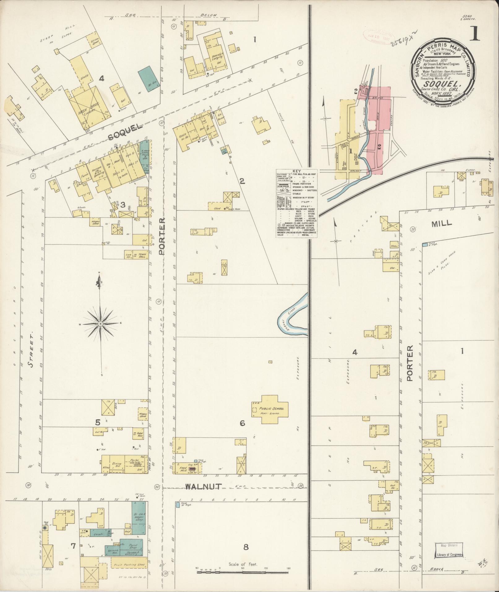 Sanborn Fire Insurance Map from Soquel, Santa Cruz County, California (1892), Sheet #0001 - Complete Map Set gallery image, historic Sanborn map, vintage wall art, California California