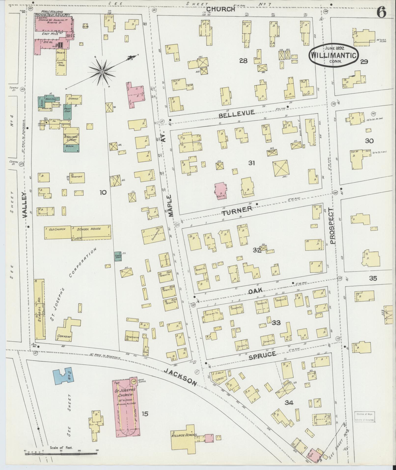 Sanborn Fire Insurance Map from Willimantic, Windham County, Connecticut (1892), Sheet #0006 - Historic Sanborn Fire Insurance Map Print, vintage old map wall art, antique decor, genealogy gift, Connecticut Connecticut map