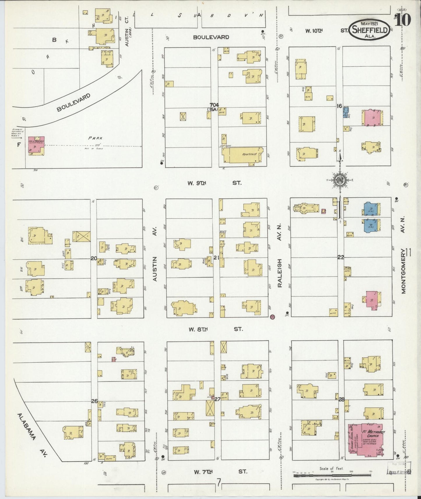 Sanborn Fire Insurance Map from Sheffield, Colbert County, Alabama (1921), Sheet #0010 - Complete Map Set gallery image, historic Sanborn map, vintage wall art, Alabama Alabama