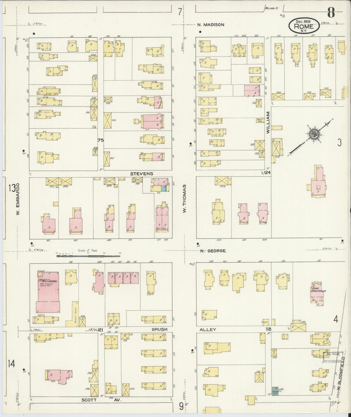 Sanborn Fire Insurance Map from Rome, Oneida County, New York (1909), Sheet #0008 - Historic Sanborn Fire Insurance Map Print, vintage old map wall art, antique decor, genealogy gift, New York New York map