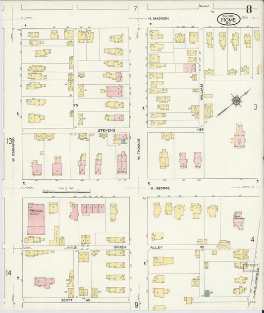 Sanborn Fire Insurance Map from Rome, Oneida County, New York (1909), Sheet #0008 - Historic Sanborn Fire Insurance Map Print, vintage old map wall art, antique decor, genealogy gift, New York New York map